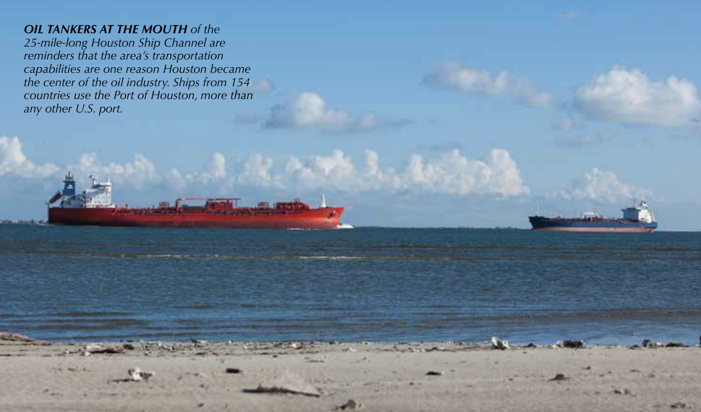 Image of two oil tankers in the Houston Ship Channel. The red oil tanker on the left and a blue one on the right.