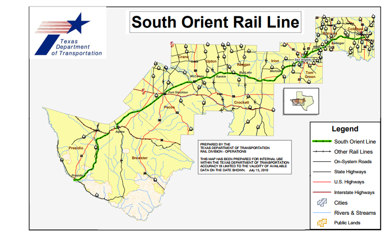 Map of the 391-mile South Orient Rail Line
