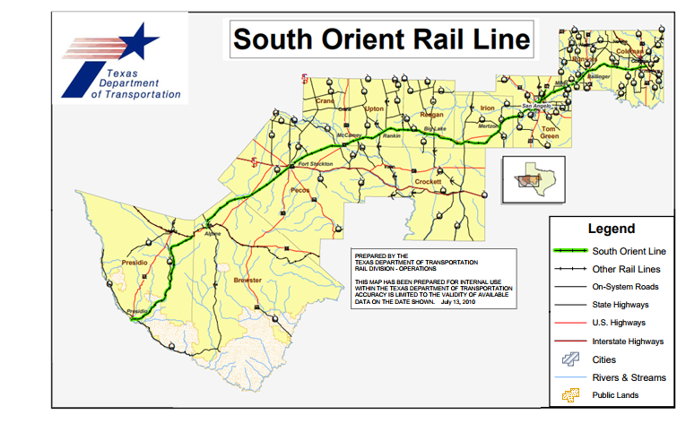 Map of the 391-mile South Orient Rail Line