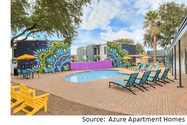 Poolside view of Azure Apartments and Townhomes at 1212 Westheimer Dr.