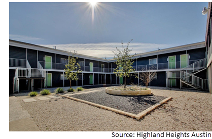 View of the courtyard at Highland Heights at 803 Tirado St.