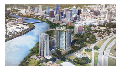 Aerial view of skyscrapers at the Rainey Street district