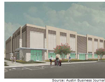Rendering of Settlers Crossing in Round Rock. It is a glass and concrete modern-style industrial building