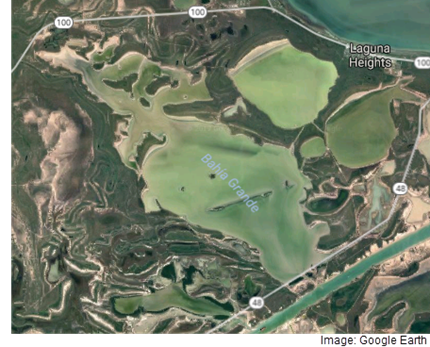 An aerial view showing the Bahia Grande wetlands, a restored estuary outside of Brownsville, Texas.