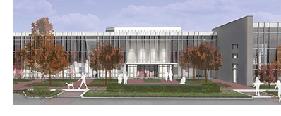 A rendering of the facade of the soon-to-be-built Coppell Arts Center.