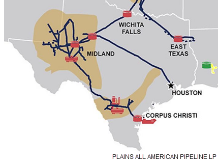 Map of pipelines owned by Houston-based midstream company Plains All American Pipeline LP in Texas.