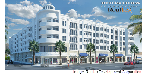 An external rendering view of the Cosmopolitan Apartment community in downtown Corpus Christi.