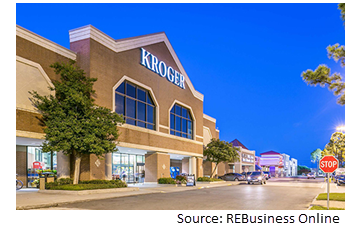 Image of the Kroger store front as the sun sets behind it.