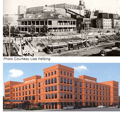 Photo of old Armour Packing Plant and Rendering of Future Armour Hotel