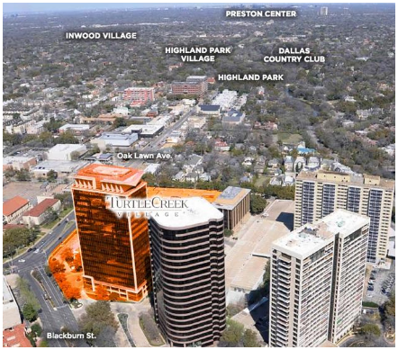 Aerial shot of Turtle Creek Village showing streets and nearby hubs