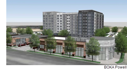 The new Courtyard and Residence Inn hotels and retail space would be built on Mockingbird Lane west of Love Field.  (BOKA Powell)