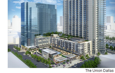 A rendering of the Union Dallas, with the residential tower on the right, and the office tower on the left.