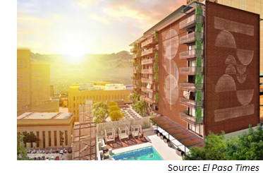 Rendering of high-end apartment complex that will replace the office building at 300 E. Main St.
