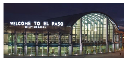 El Paso international Airport Main building. Sign on the outside reads: Welcome to El Paso, Elevation 3,958 ft.