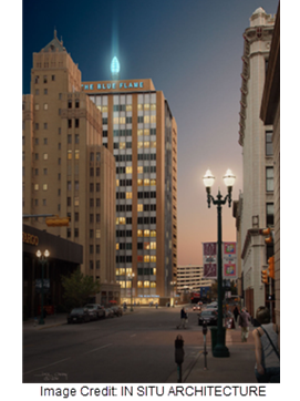 A rendering of what the project would look like once completed, with the 'Blue Flame' atop the building lit up, and the exterior refurbished. 