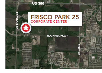 A map indicating the location of the Park 25 industrial park in Frisco, south of the intersection of US 380 and Preston Road.