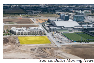 The site the new apartments are being built on (shown in yellow) next to the Dallas Cowboys' Star development