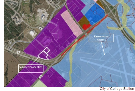 A color coded map outlining the affected properties and indicating the location of Easterwood Airport.