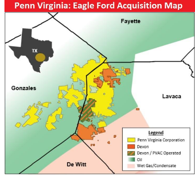 Map showing Penn Virginia Eagle Ford land purchase from Devon Energy in Lavaca County.