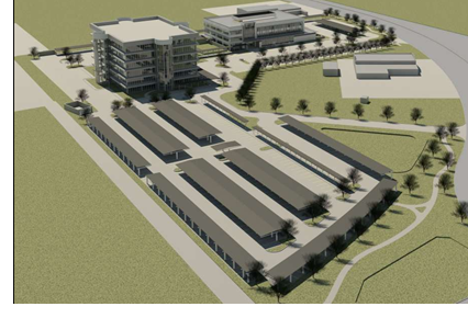 A rendering of the completed Apache headquarters off of Veterans Airline lane. the parking lot and larger building are already completed.