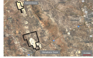 Aerial map of the Kermit and Monahans sand dunes.