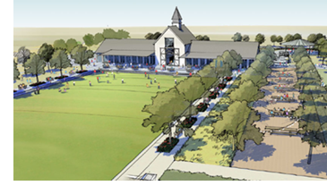 A rendering of the future community center at Pecan Square.