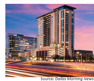 Street-view of the 25-story Kincaid at Legacy apartments in Plano