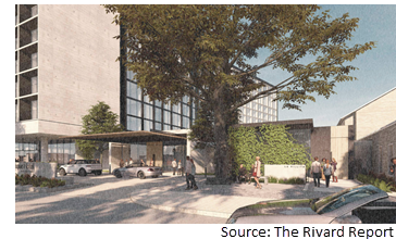 Rendering of entrance to the boutique hotel and accompanying restaurant along S. Alamo St.