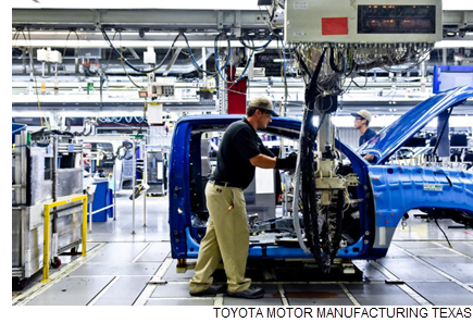 An employee at the Toyota Motor Manufacturing Texas Inc. plant in San Antonio works on the assembly line. The plant makes Tacoma and Tundra pickup trucks. A new study by Trinity University concludes that manufacturing had a $40.5 billion economic impact on San Antonio and surrounding communities in 2016.