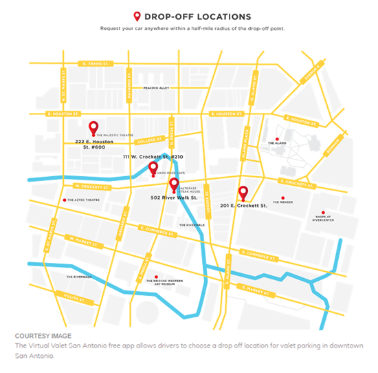 Map of virtual reality parking spots in downstown San Antonio. 