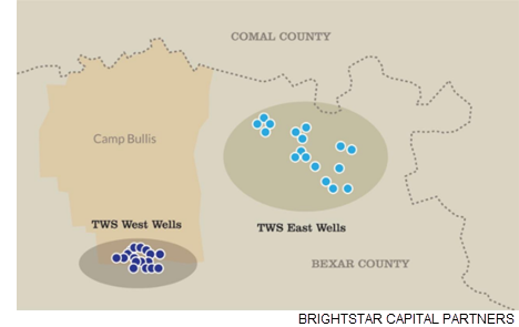 A map that shows Camp Bullis in northern Bexar County, along with its water resources.