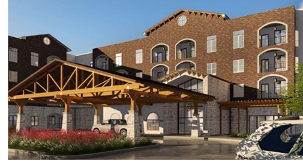 A rendering of one of the buildings for the Larkspur at Live Oak senior living development.