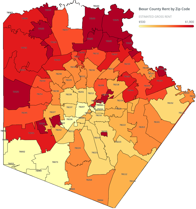 a map of Bexar County by Zip Code, showing that rents in the north-side of the city are generally higher than in the south side of the city.