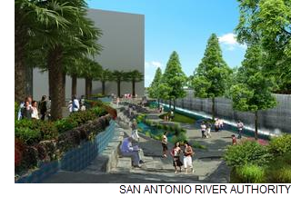 A rendering shows what the second leg of the initial phase of the San Pedro Creek improvement project could deliver to downtown San Antonio.