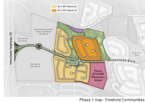 A site plan for Phase 1 of Homestead, by Freehold Communities, which includes homes and the elementary school.