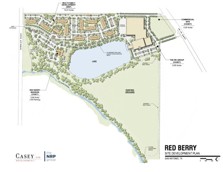 The site redevelopment plan for the Red Berry Estate on the Lake. The plan shows multifamily development on the north-eastern side of the property, and commercial development on the south-eastern side of property. The Site map is oriented East at the top.