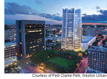 Rendering of old and new Frost Bank towers.