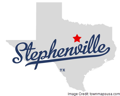 An outline of the State of Texas with a star marking the location of Stephenville, with a stylized version of the towns name. 
