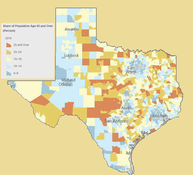 Texas by census tract and percent of population over 65