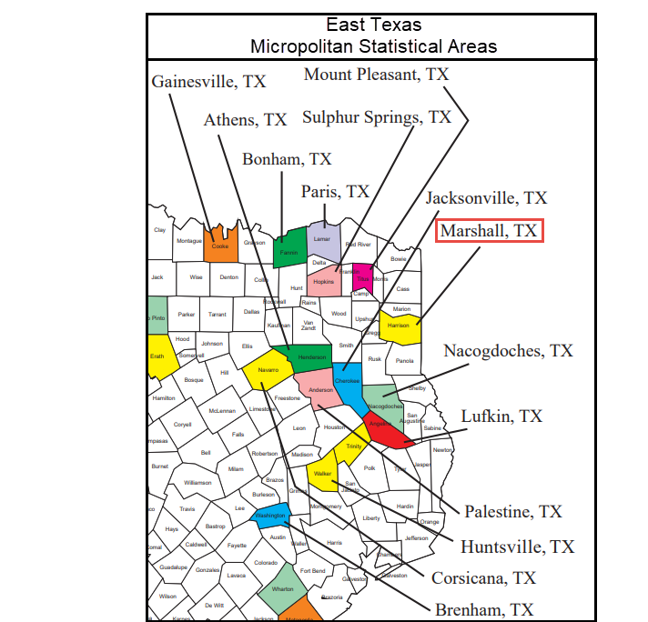 Map of micropolitan statistical areas in East Texas, with Marshall outlined in red.