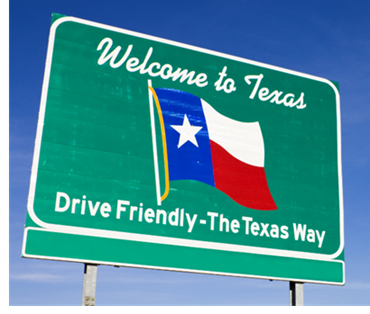 A sign seen when one drives into Texas, which reads: "Welcome to Texas; Drive Friendly - The Texas Way."