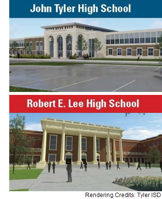 Renderings of the renovated facades of John Tyler and Lee high schools in Tyler Texas.