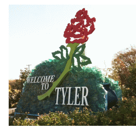 An "Welcome to Tyler" sign with a giant rose on it. Tyler is the "rose capital" of Texas.