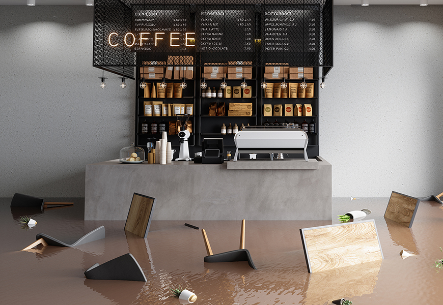 Flooded Cafe With Chairs, Tables And Potted Plants Floating On Water