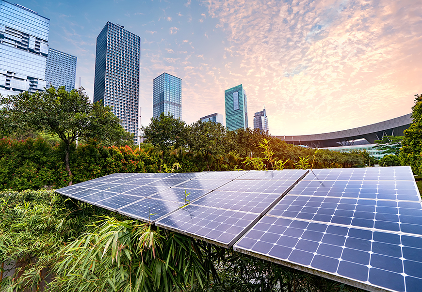 Solar Power Plant in modern city,Sustainable Renewable Energy.