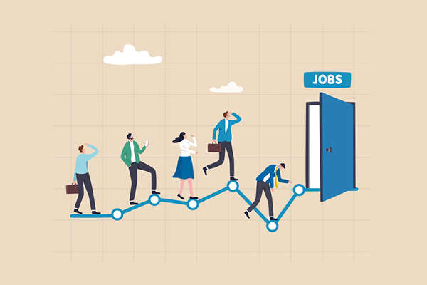 Unemployment rate or hiring position statistics or forecast, economy growth or recession, new worker or corporate job concept, business people queue in line on unemployment graph diagram applying job.