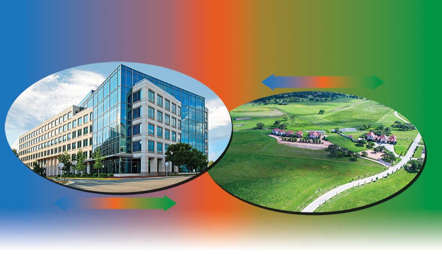 Two visuals of a modern office building and rural landscape with acres of grass and few houses.