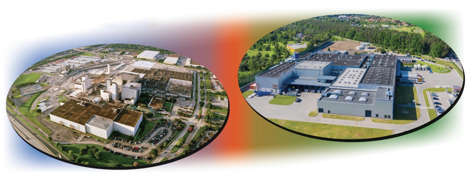 Two visuals featuring a factory and a large building, representing the blend of manufacturing and urban infrastructures. 