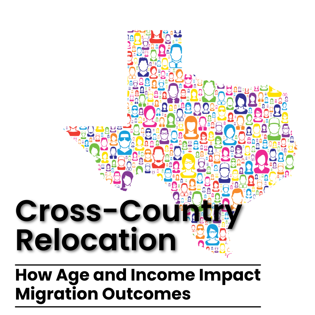 Cover of "Cross-Country Relocation: How Age and Income Impact Migration Outcomes". The background consists of a Texas-shaped image with various colorful graphically designed faces. 