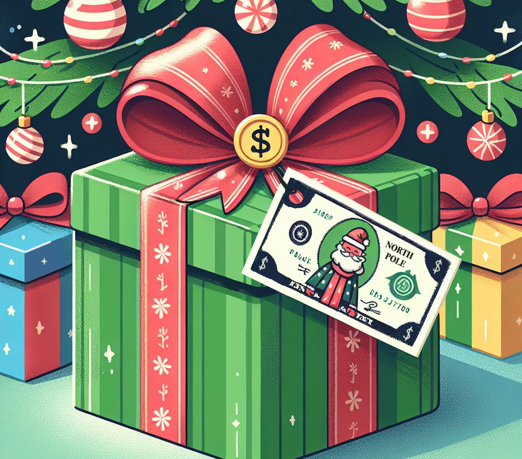 Graphic design of a present wrapped in a red bow and dollar tag under a decorated tree.